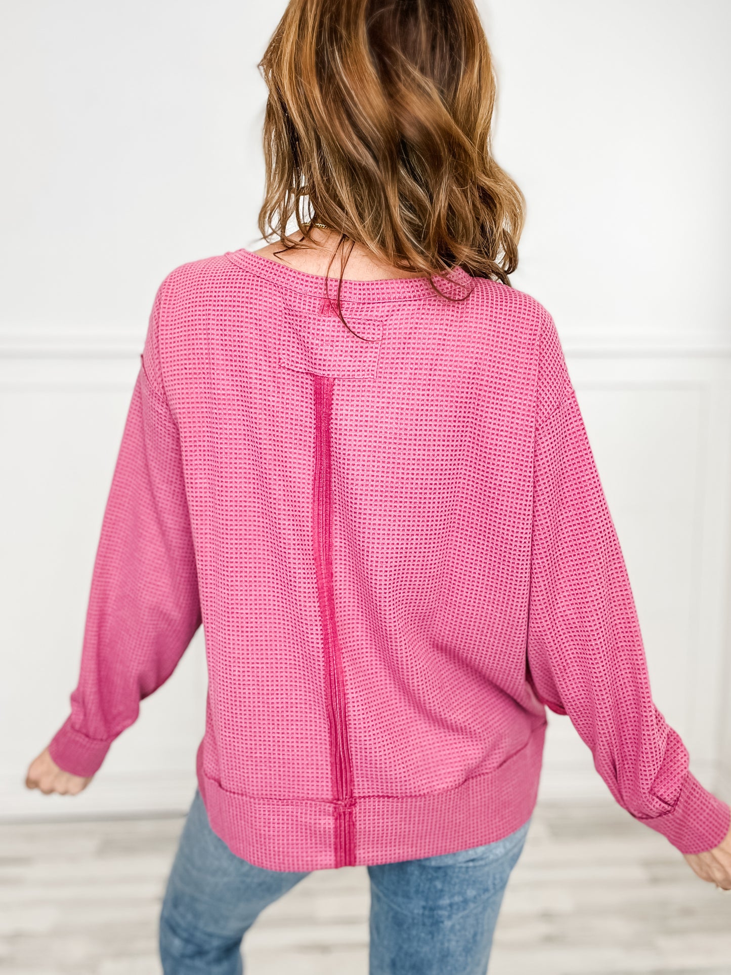 Thermal Long Sleeve Top with Banded Sleeves and Bottom - PINK