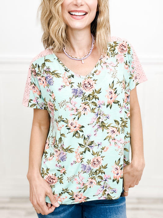 Floral Bliss Short Sleeve with Eyelet Detail Top