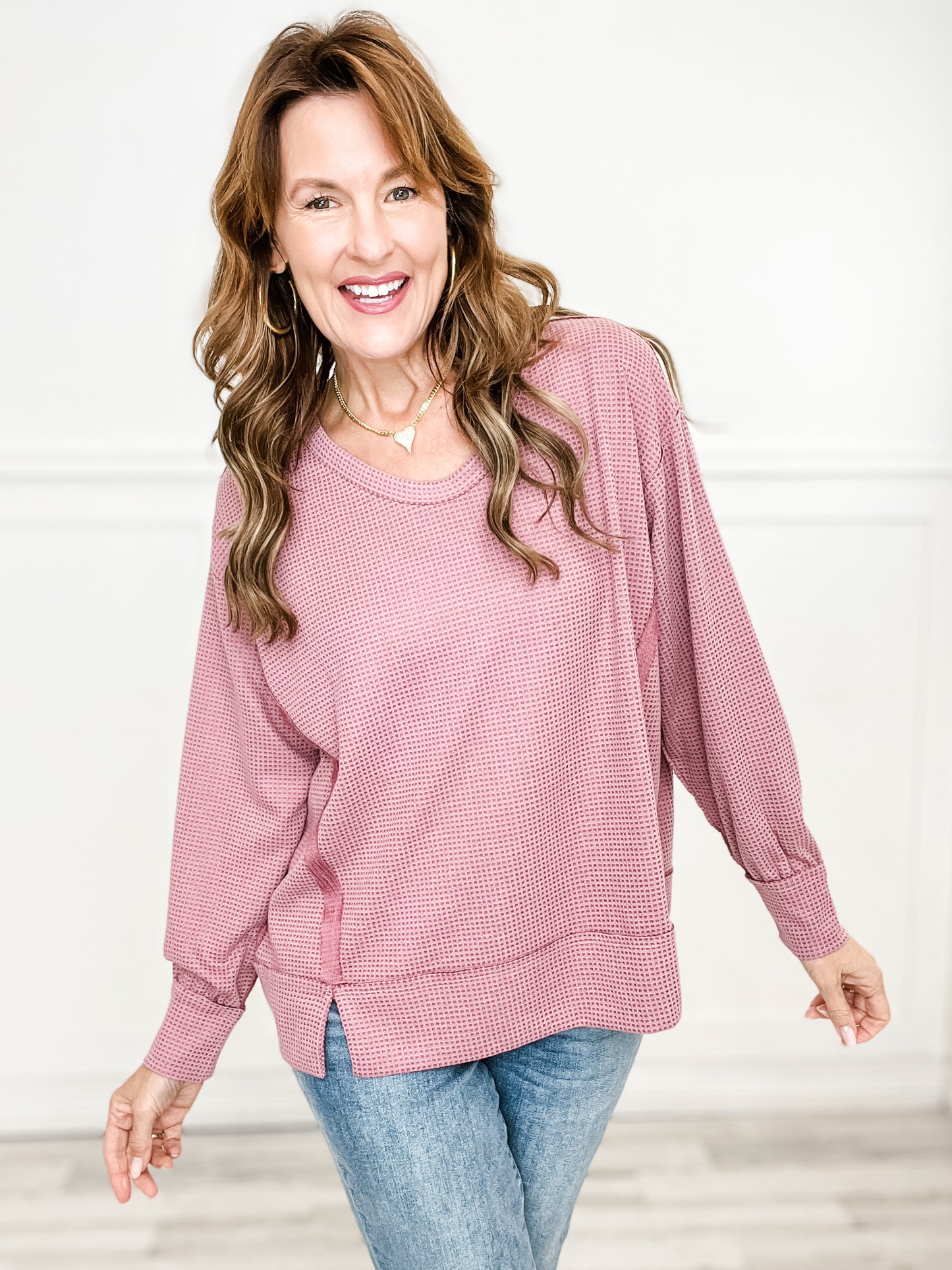 Thermal Long Sleeve Top with Banded Sleeves and Bottom - PINK