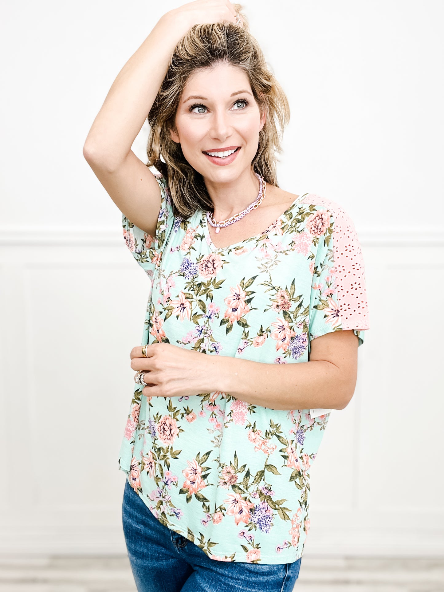 Floral Bliss Short Sleeve with Eyelet Detail Top