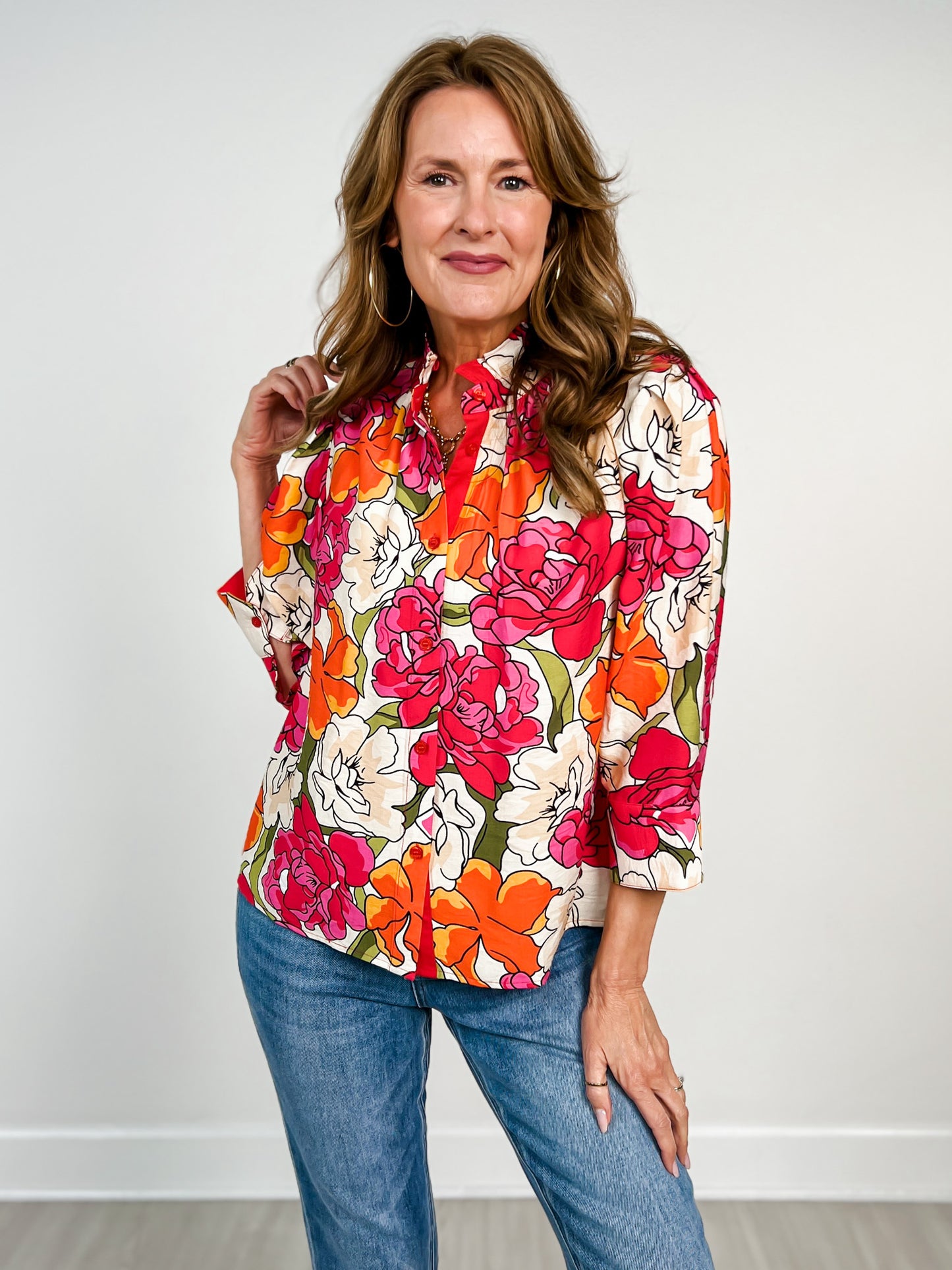 3/4 Sleeve Button Down Floral Top with Ruffled Neckline