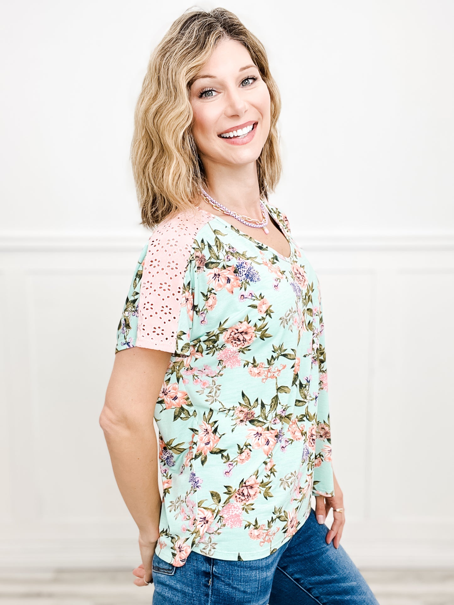 Floral Bliss Short Sleeve with Eyelet Detail Top