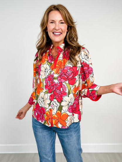 3/4 Sleeve Button Down Floral Top with Ruffled Neckline