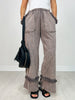 Washed Grey Fringe Hem Wide-Leg Pants