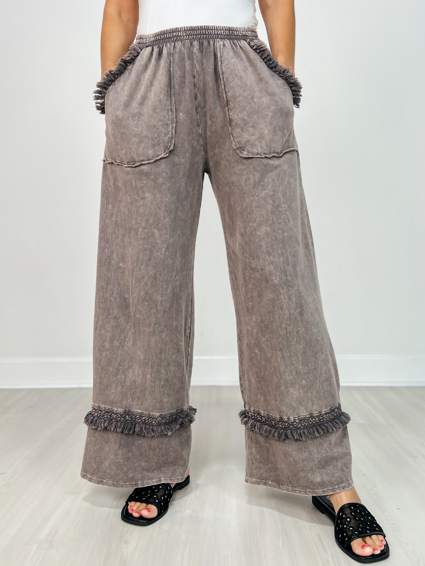Washed Grey Fringe Hem Wide-Leg Pants