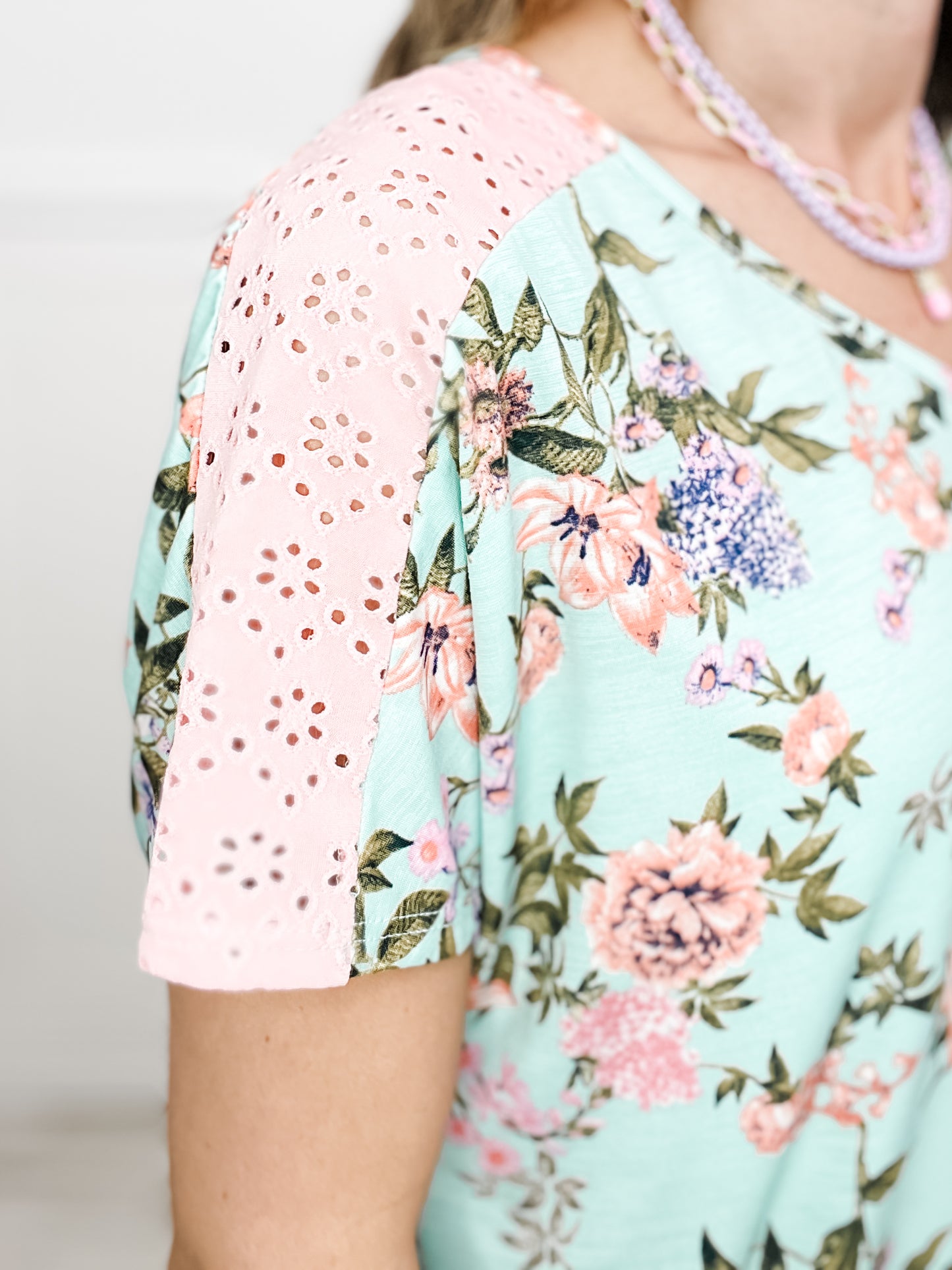 Floral Bliss Short Sleeve with Eyelet Detail Top