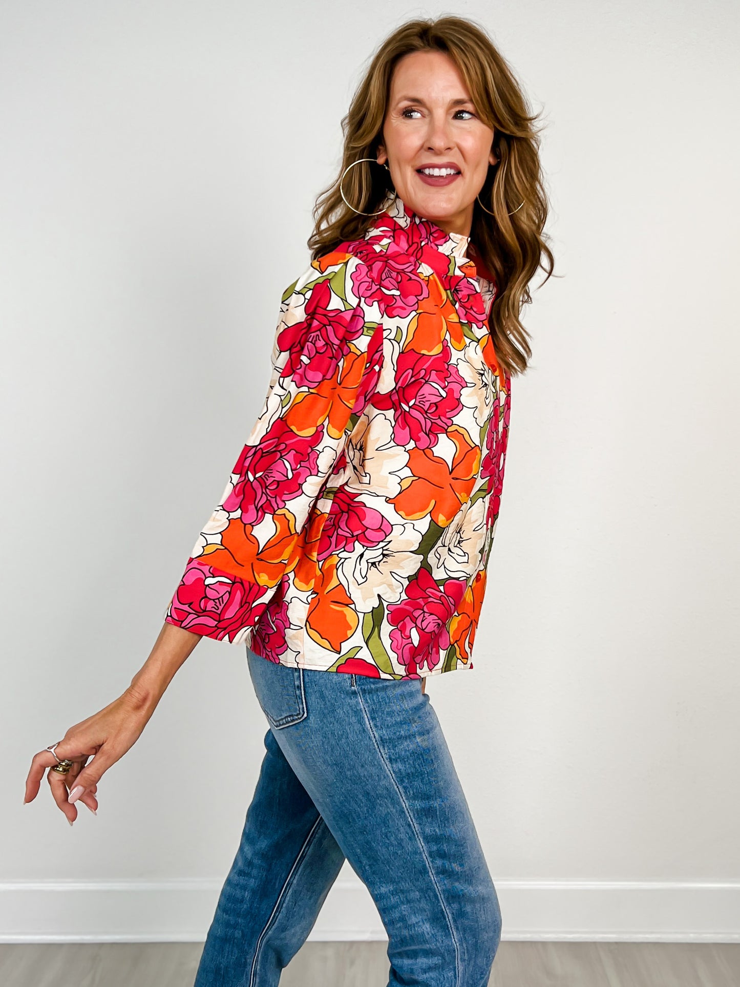 3/4 Sleeve Button Down Floral Top with Ruffled Neckline