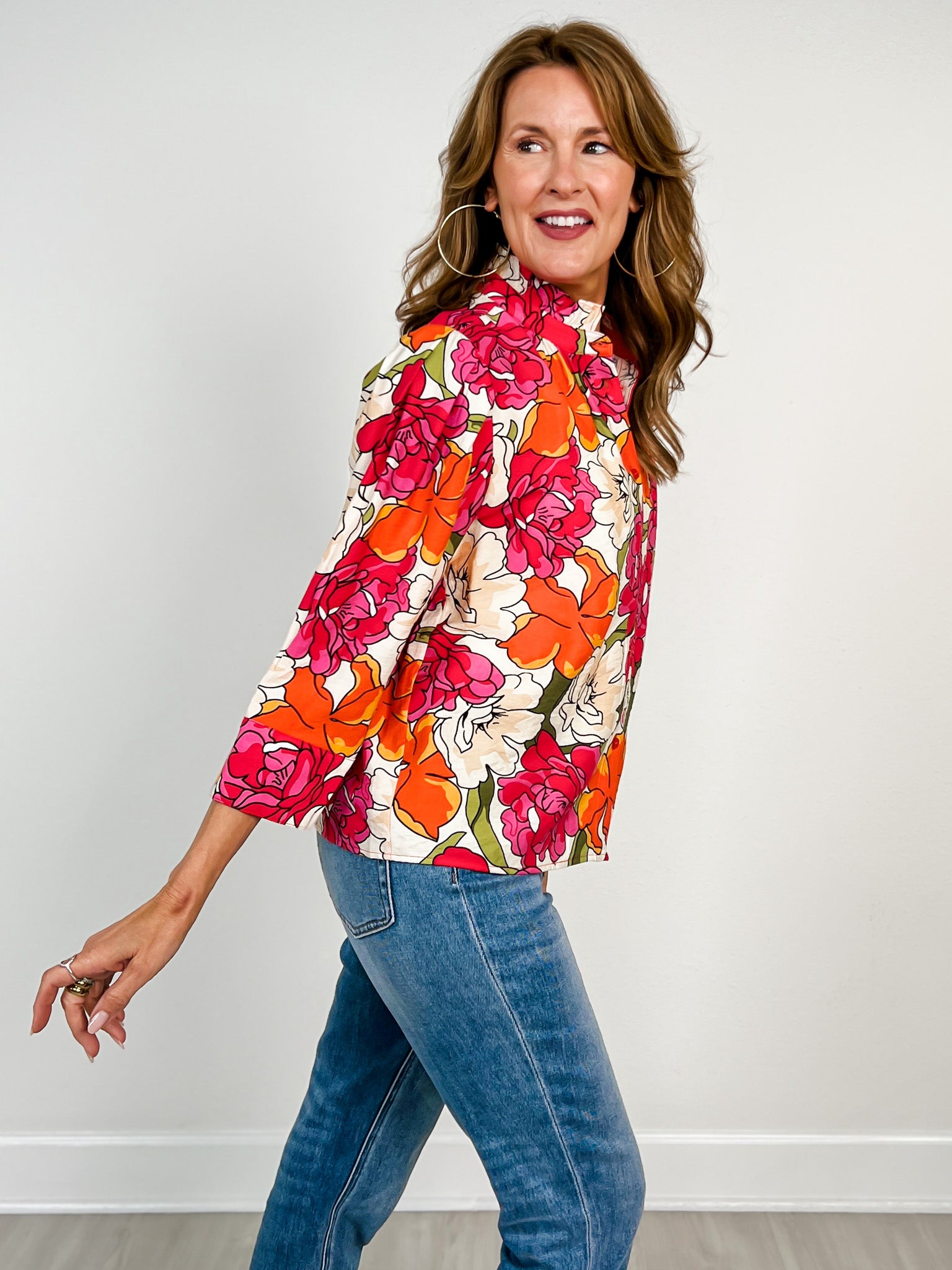 3/4 Sleeve Button Down Floral Top with Ruffled Neckline