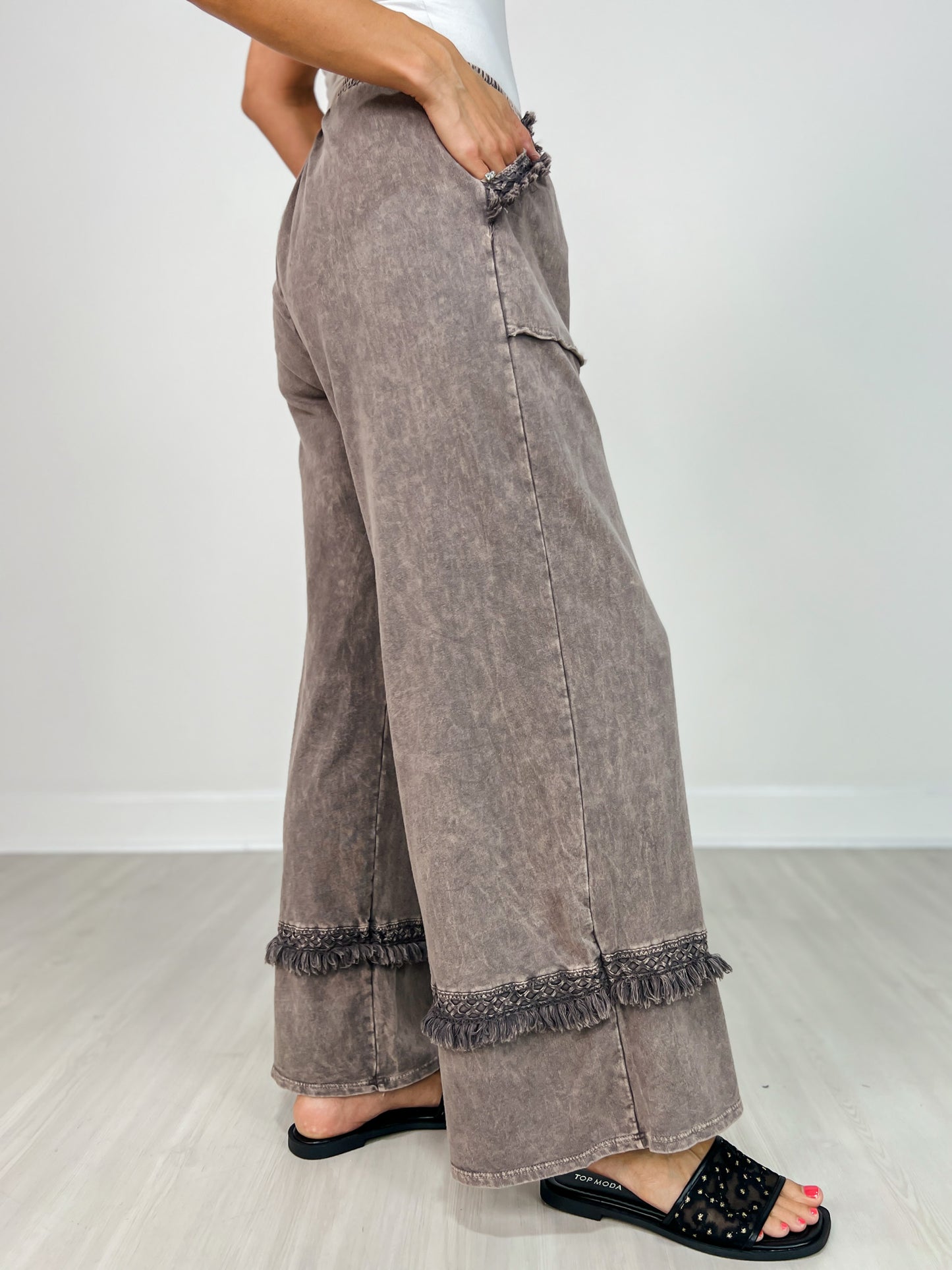 Washed Grey Fringe Hem Wide-Leg Pants