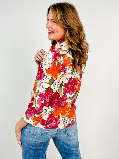 3/4 Sleeve Button Down Floral Top with Ruffled Neckline