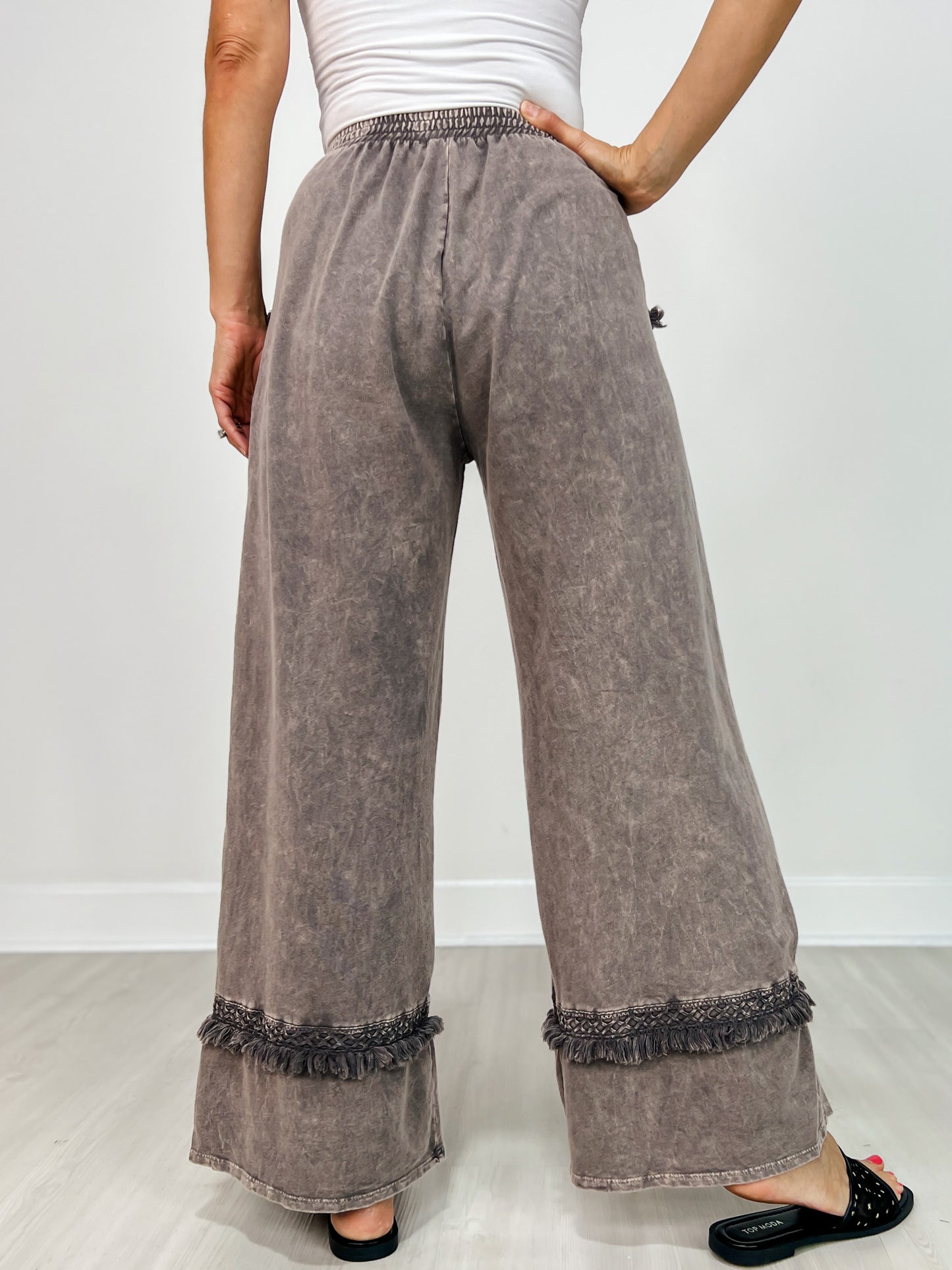 Washed Grey Fringe Hem Wide-Leg Pants