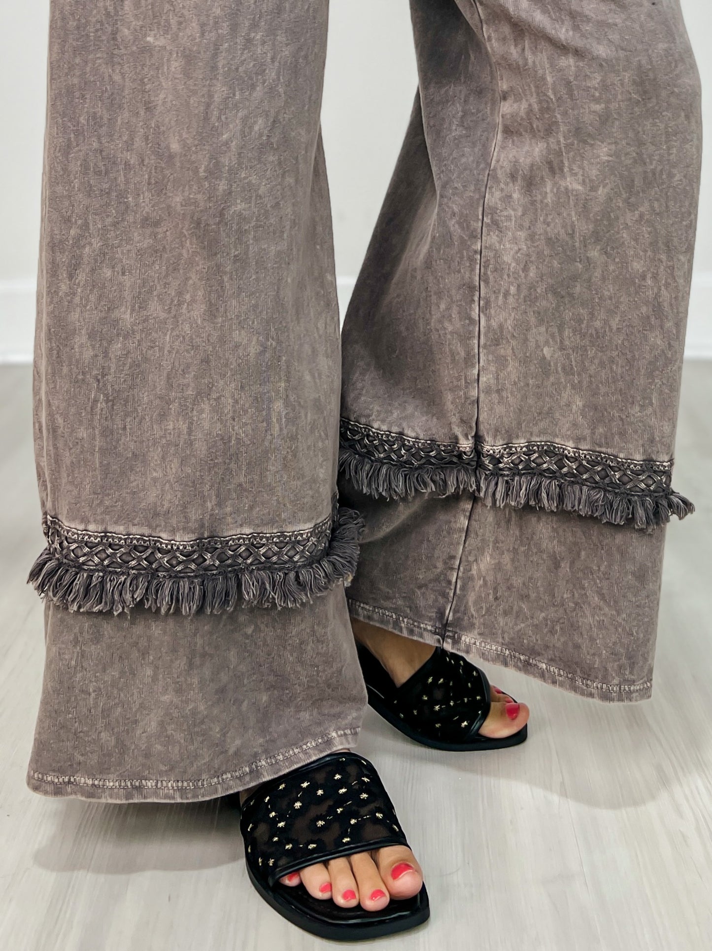 Washed Grey Fringe Hem Wide-Leg Pants
