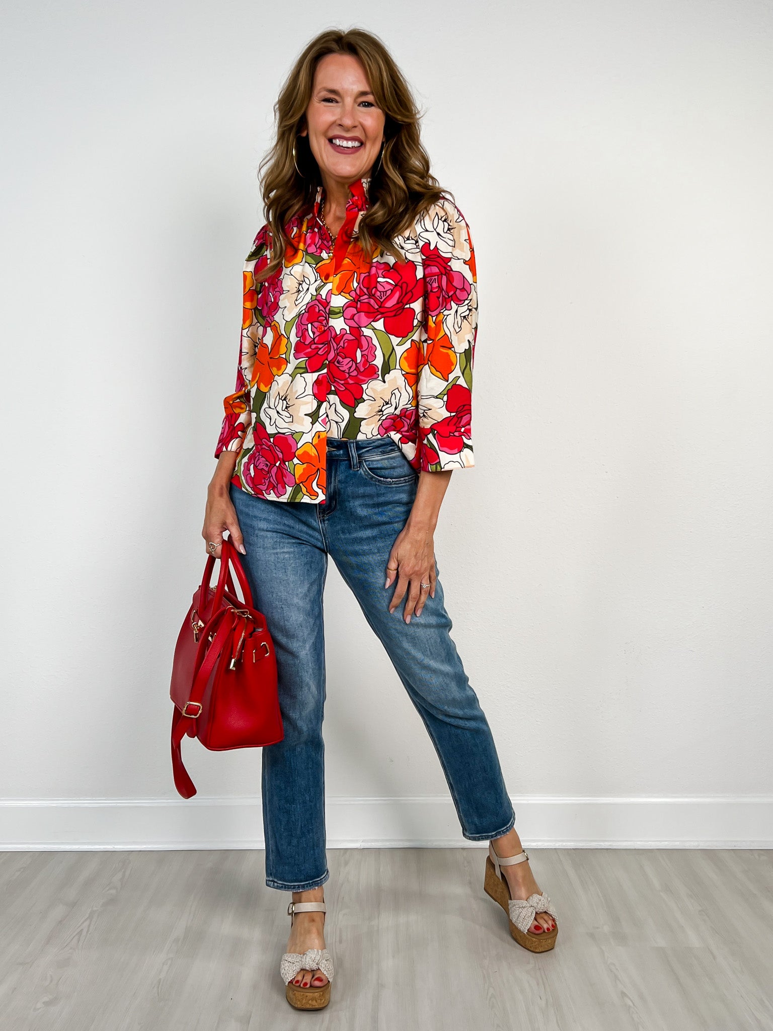 3/4 Sleeve Button Down Floral Top with Ruffled Neckline
