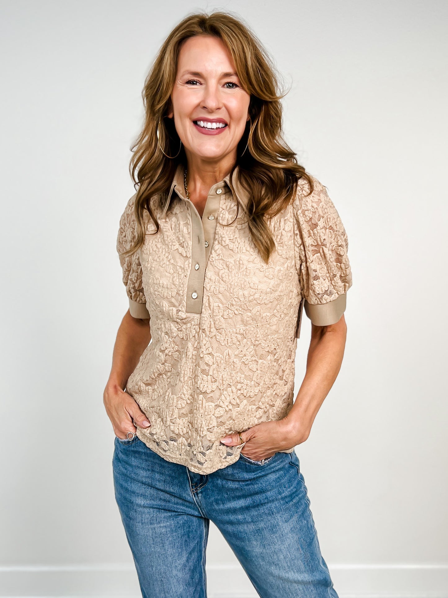 Short Sleeve Lace Top with Collar and Button Neckline