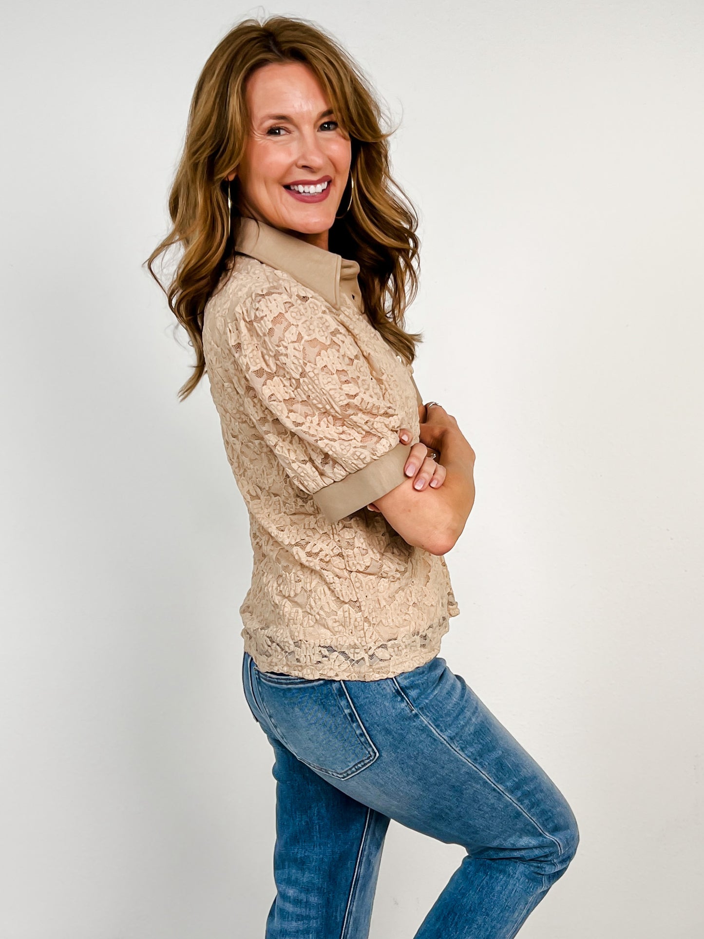 Short Sleeve Lace Top with Collar and Button Neckline