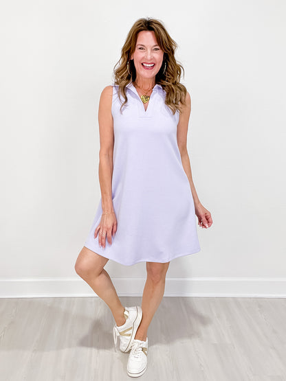 Scuba Sleeveless Dress with Collar and Split Neckline in LAVENDER
