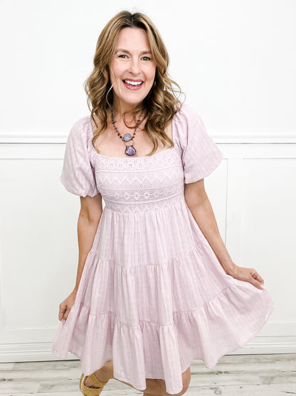 Sweet As Pie Crochet Contrast Bubble Sleeve Tiered Baby Doll Dress
