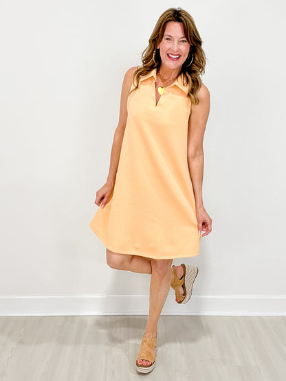 Scuba Sleeveless Dress with Collar and Split Neckline in Apricot Ice