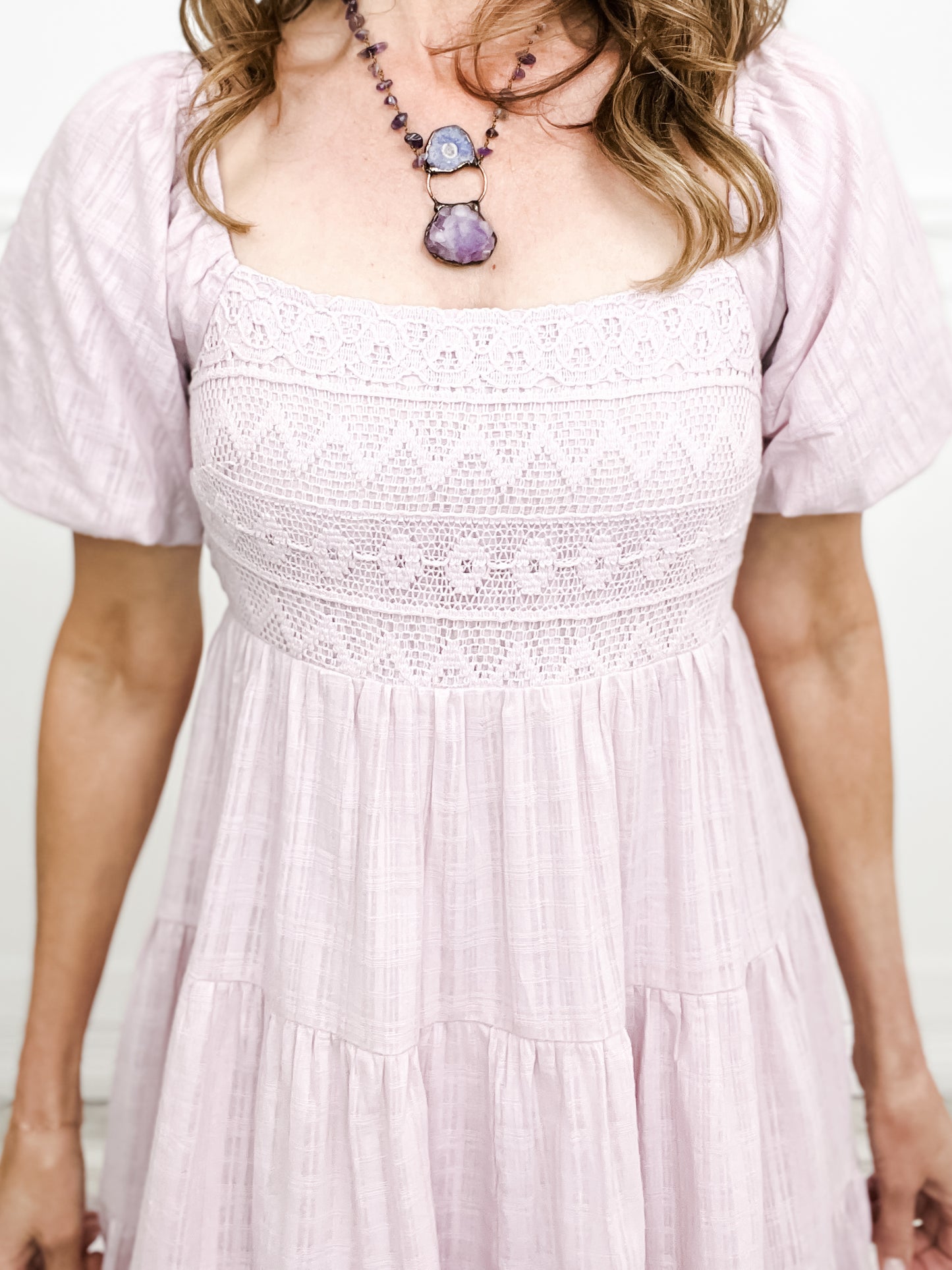 Sweet As Pie Crochet Contrast Bubble Sleeve Tiered Baby Doll Dress