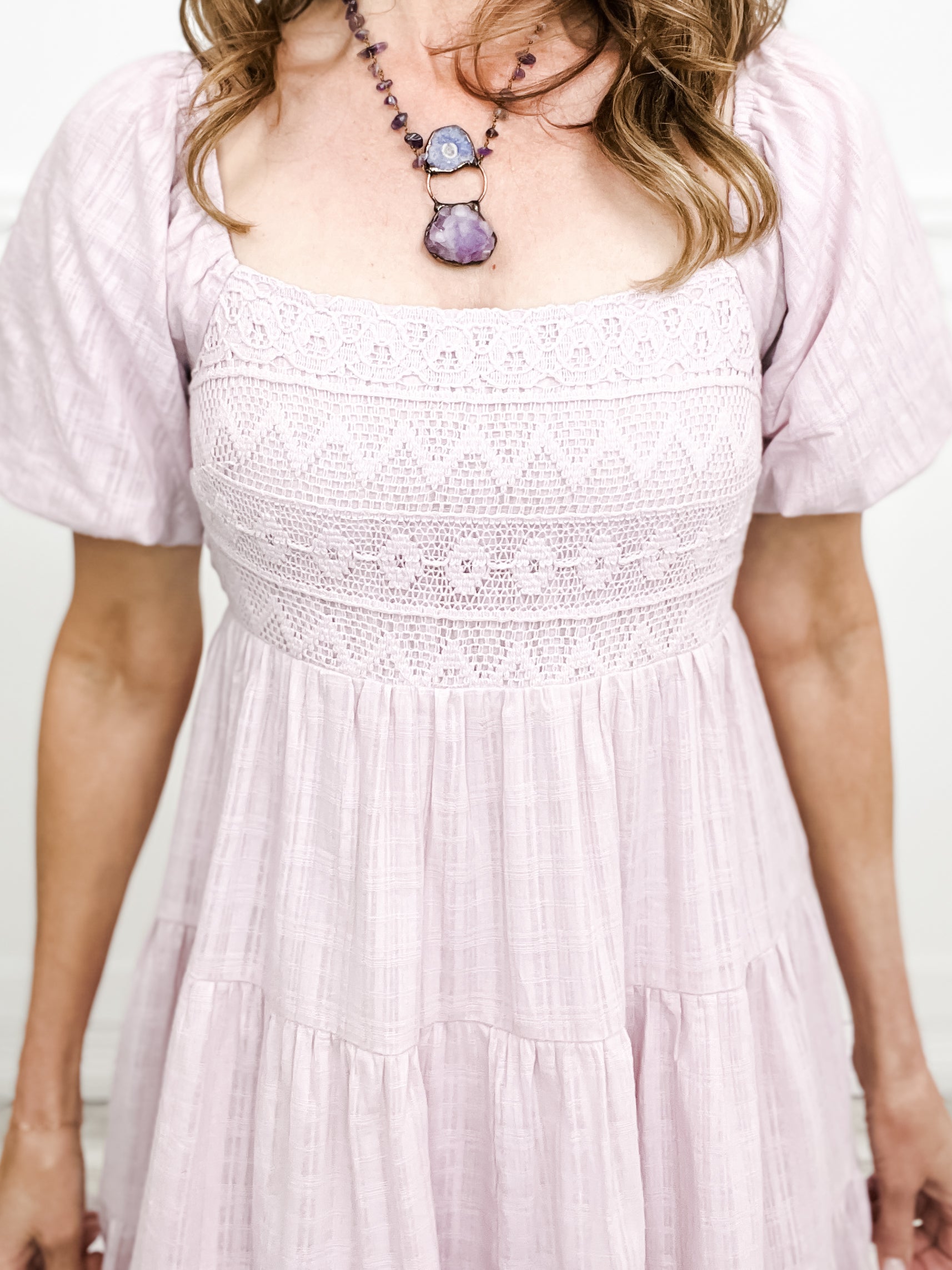 Sweet As Pie Crochet Contrast Bubble Sleeve Tiered Baby Doll Dress