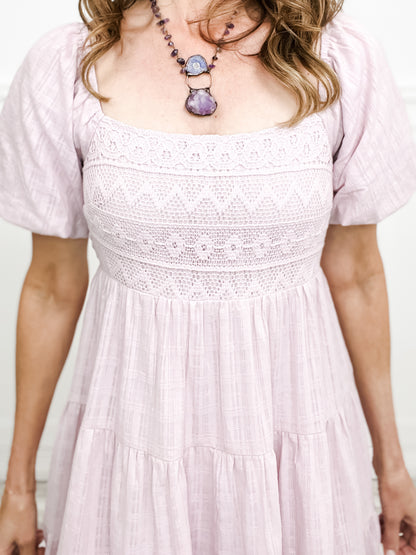Sweet As Pie Crochet Contrast Bubble Sleeve Tiered Baby Doll Dress