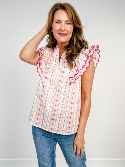 Printed Woven Scallop Edge Detail Ruffle Sleeve Top