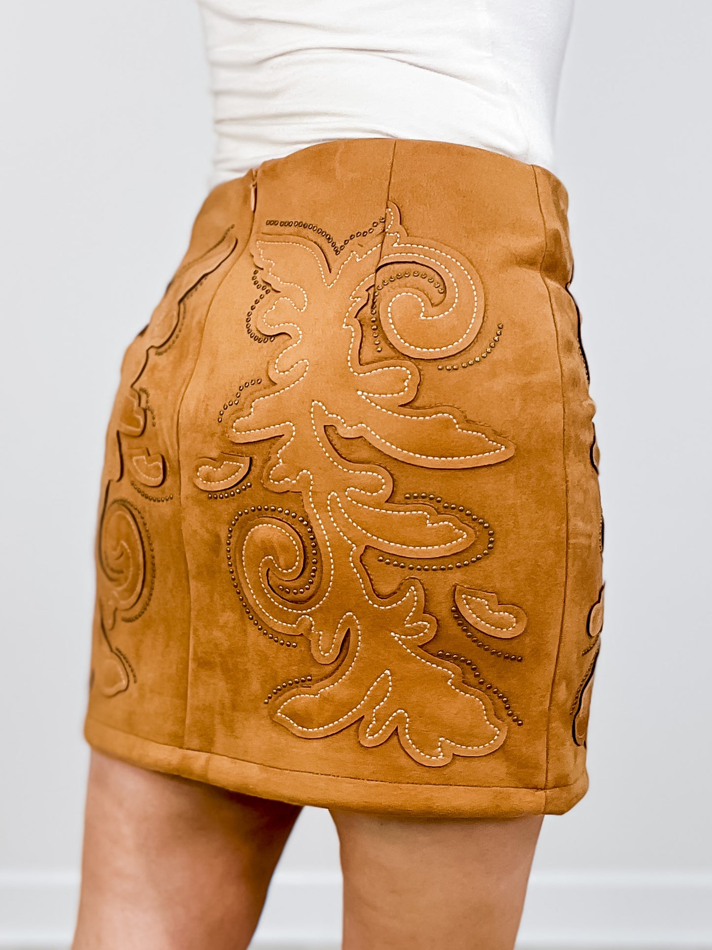 Stretch Suede Boot Stitch Embroidered Skirt