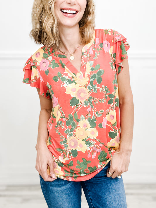 Floral Sleeveless Ruffle V-Neckline Top