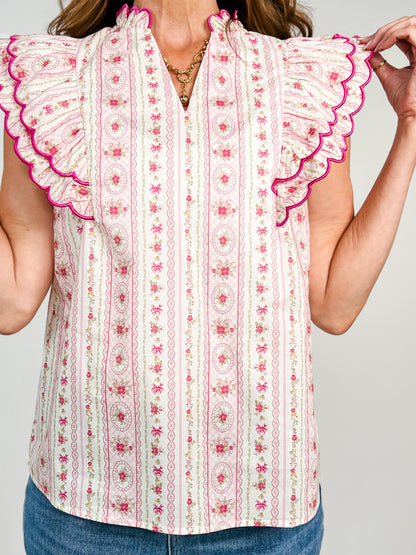Printed Woven Scallop Edge Detail Ruffle Sleeve Top