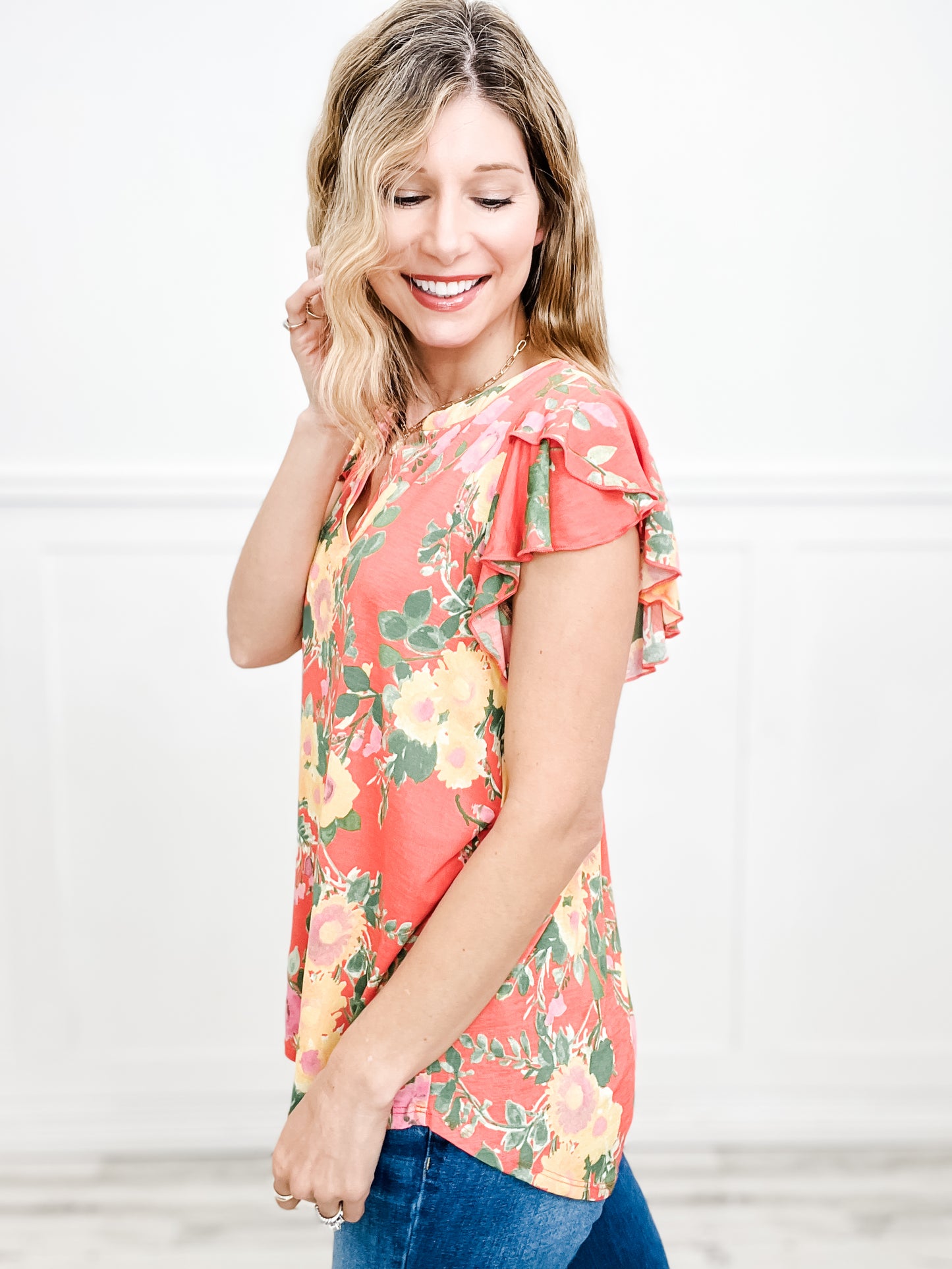 Floral Sleeveless Ruffle V-Neckline Top