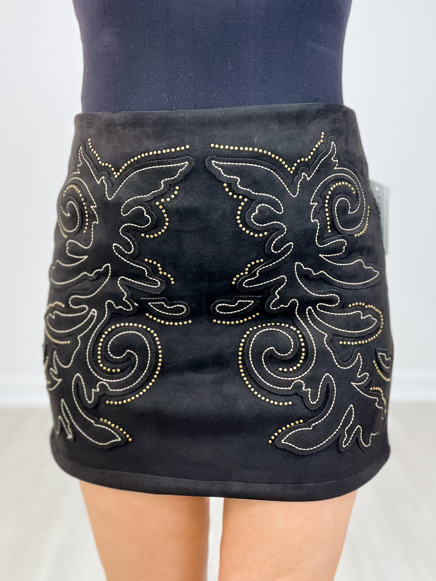 Stretch Suede Boot Stitch Embroidered Skirt