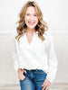 She's Got Grace V-Neck Blouson Sleeves Mixed Fabric Top