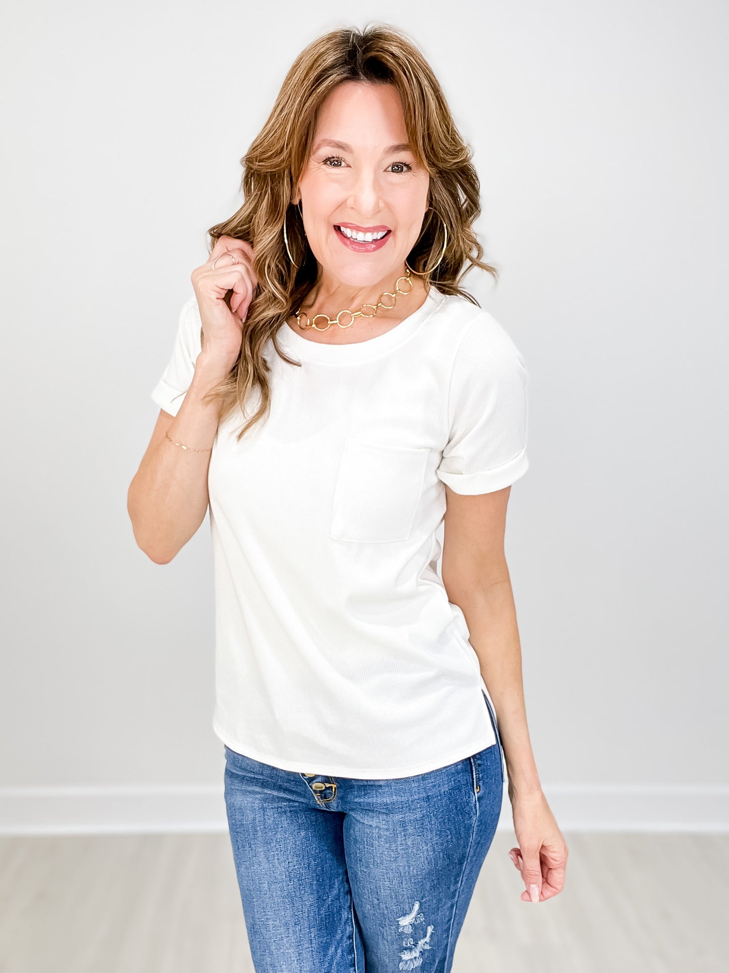 Ribbed Solid Short Sleeve Top with Front Accent Pocket