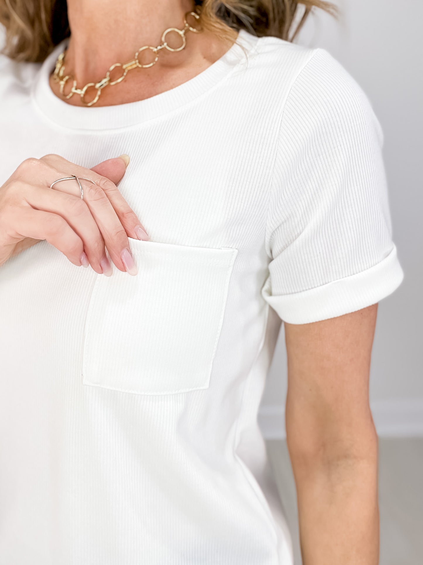 Ribbed Solid Short Sleeve Top with Front Accent Pocket