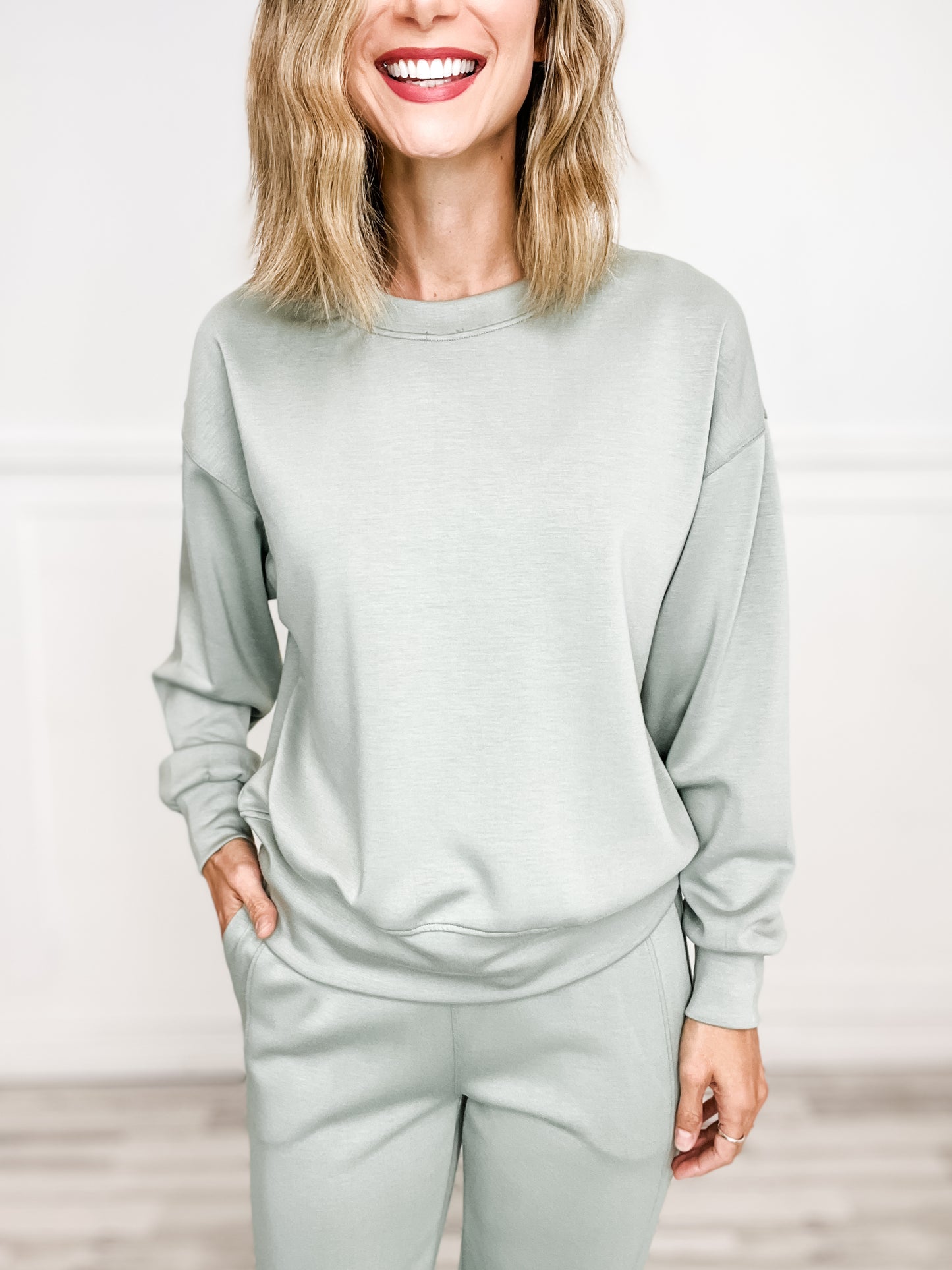 Sporty Chic Ultra Comfy Long Sleeve Top with Elastic Waist Jogger Set in Sage