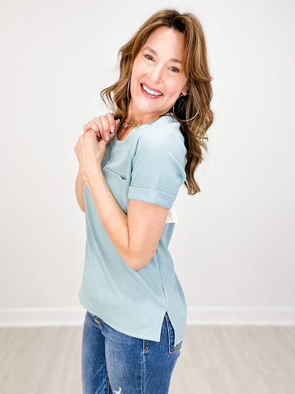 Ribbed Solid Short Sleeve Top with Front Accent Pocket