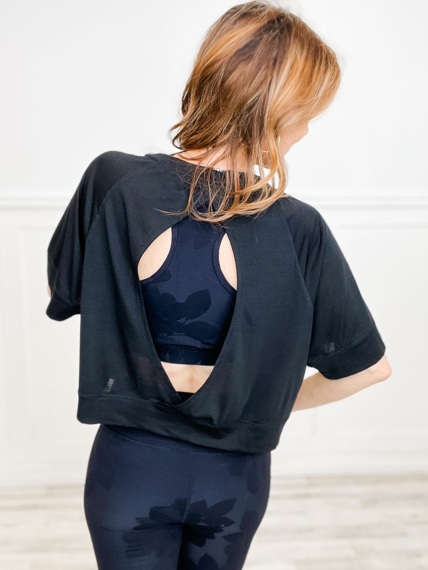 Boxy Flow Short Sleeve Athleisure Top with Open Back