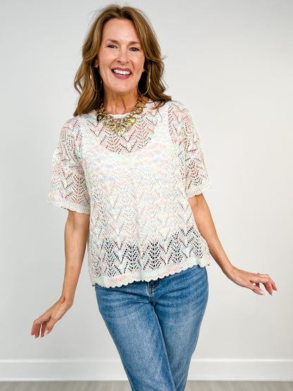 Short Sleeve Textured Lightweight Open Knit Top
