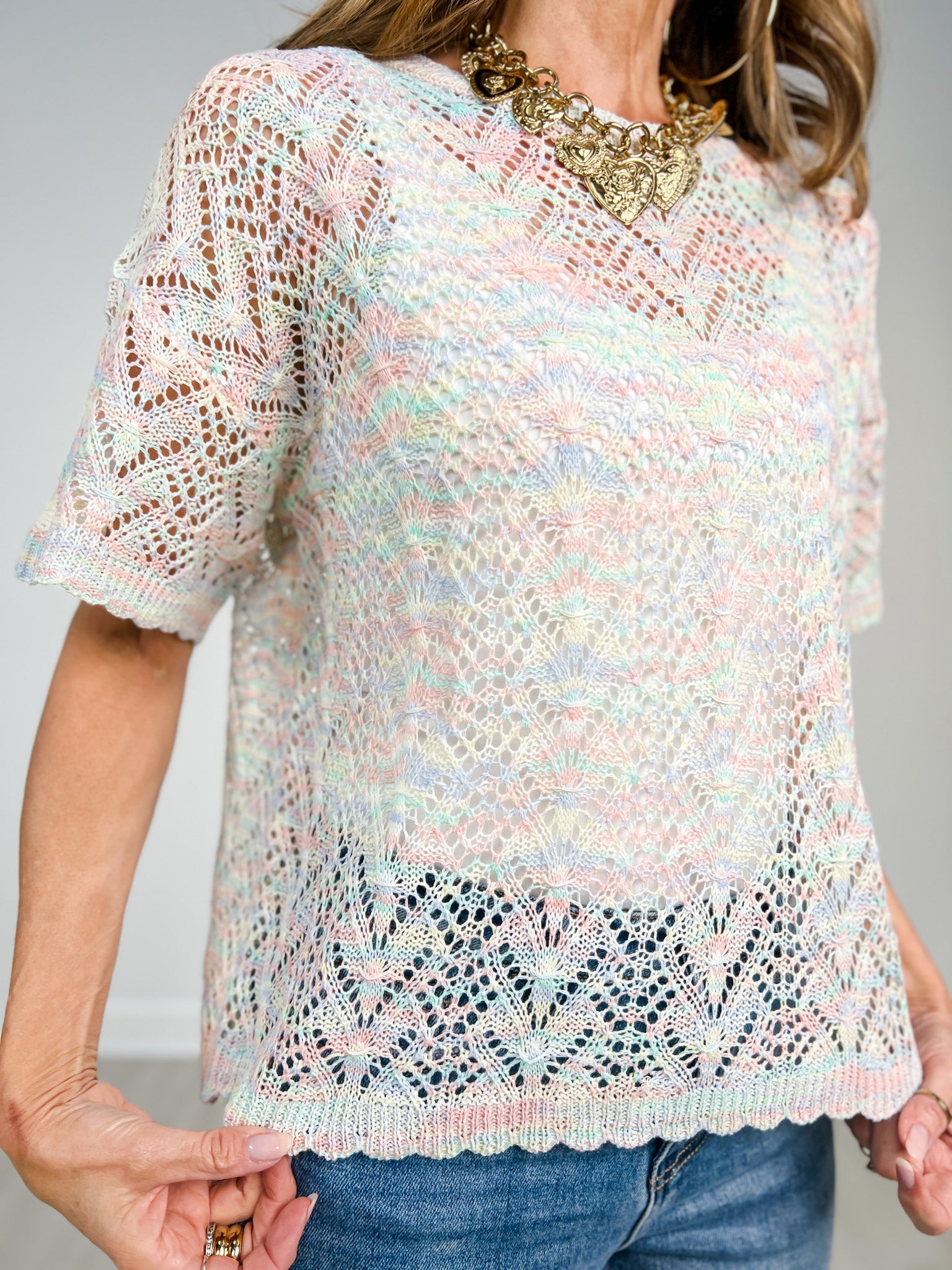 Short Sleeve Textured Lightweight Open Knit Top