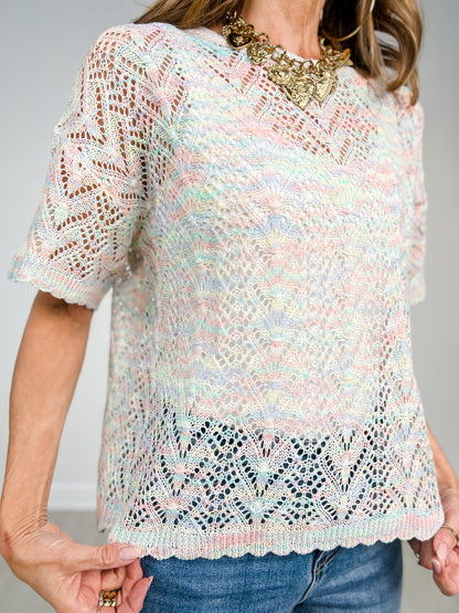 Short Sleeve Textured Lightweight Open Knit Top
