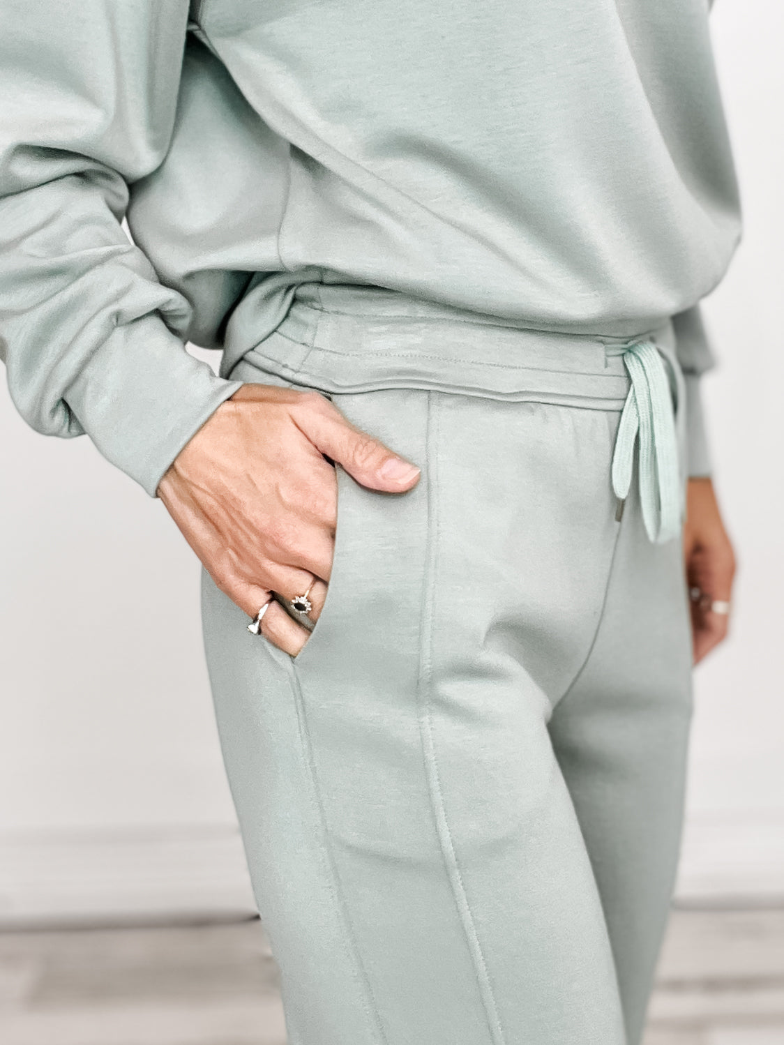 Sporty Chic Ultra Comfy Long Sleeve Top with Elastic Waist Jogger Set in Sage