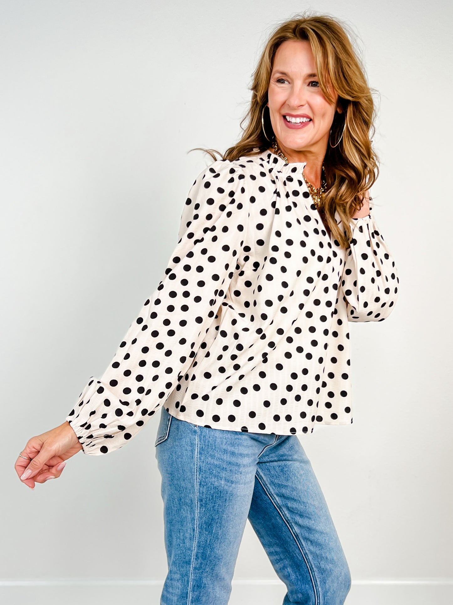 Polka Dot Balloon Sleeve Ruffled V-neck Top