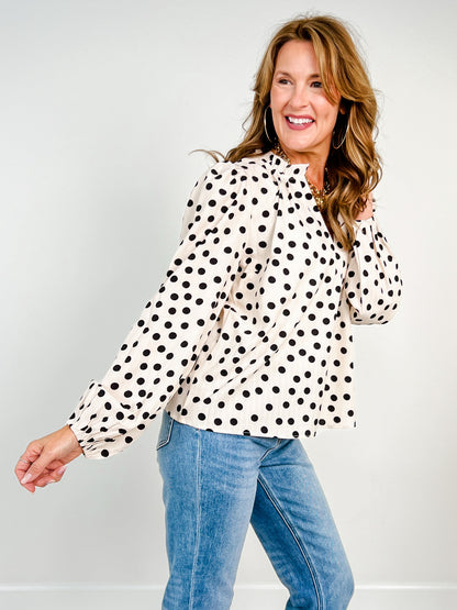 Polka Dot Balloon Sleeve Ruffled V-neck Top