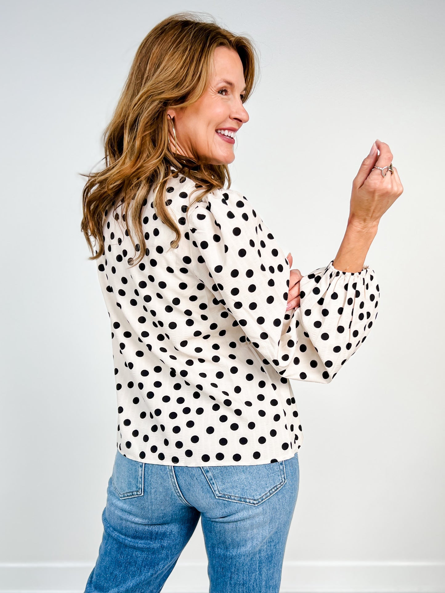 Polka Dot Balloon Sleeve Ruffled V-neck Top
