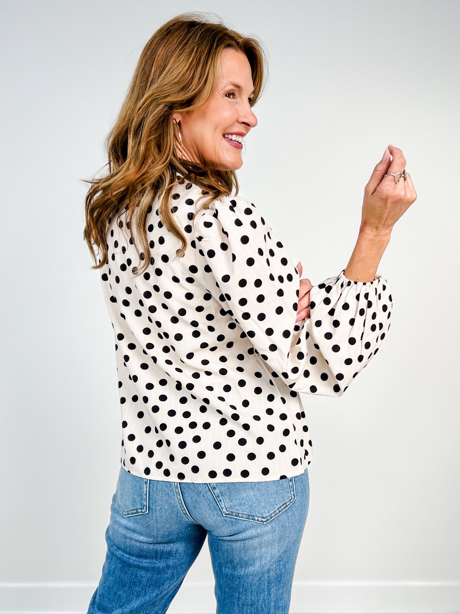 Polka Dot Balloon Sleeve Ruffled V-neck Top