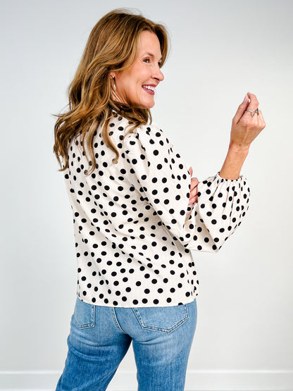 Polka Dot Balloon Sleeve Ruffled V-neck Top