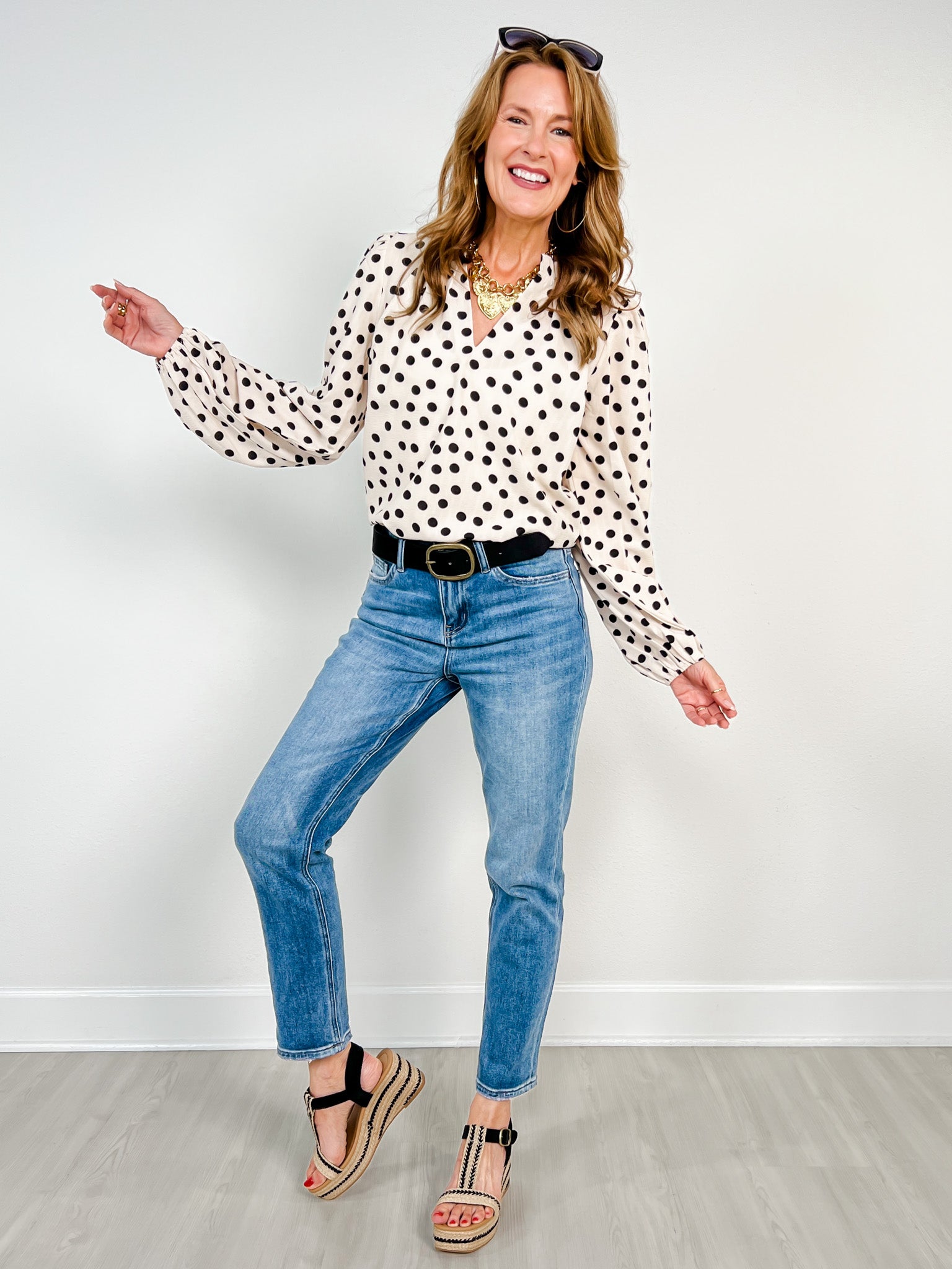Polka Dot Balloon Sleeve Ruffled V-neck Top