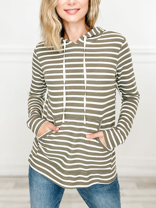 Long Sleeve Striped Hoodie Top with Kangaroo Pocket