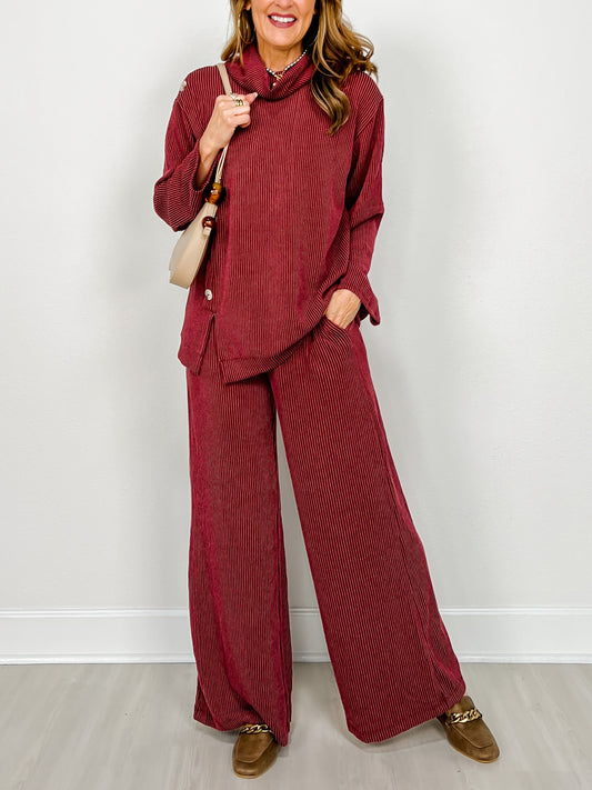 Ribbed 2-Piece Cowl Neck Set in Wine