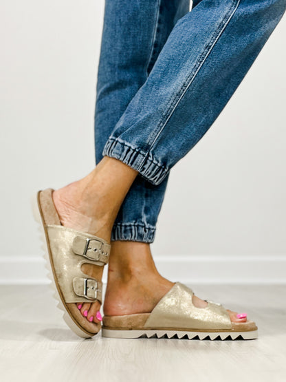 Corkys Dash Two Band Slide Sandals in GOLD WASHED METALLIC